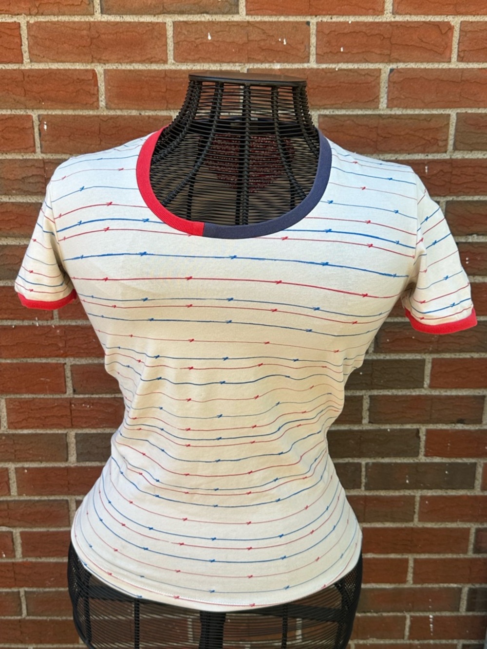 55 DSL Diesel Cream Short-Sleeve Stripe Tee with Red & Navy Ringer S